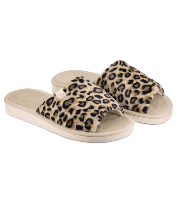 Kapcie damskie obuwie domowe odkryte palce w panterkę